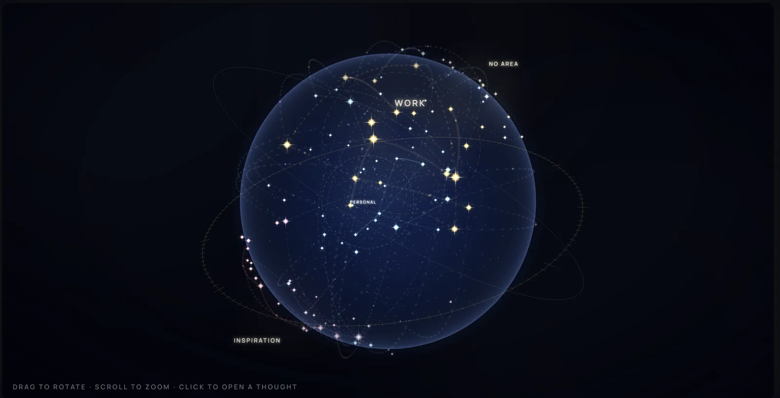 Munwyn's 3D atlas of thoughts — a night glass globe with constellations by area