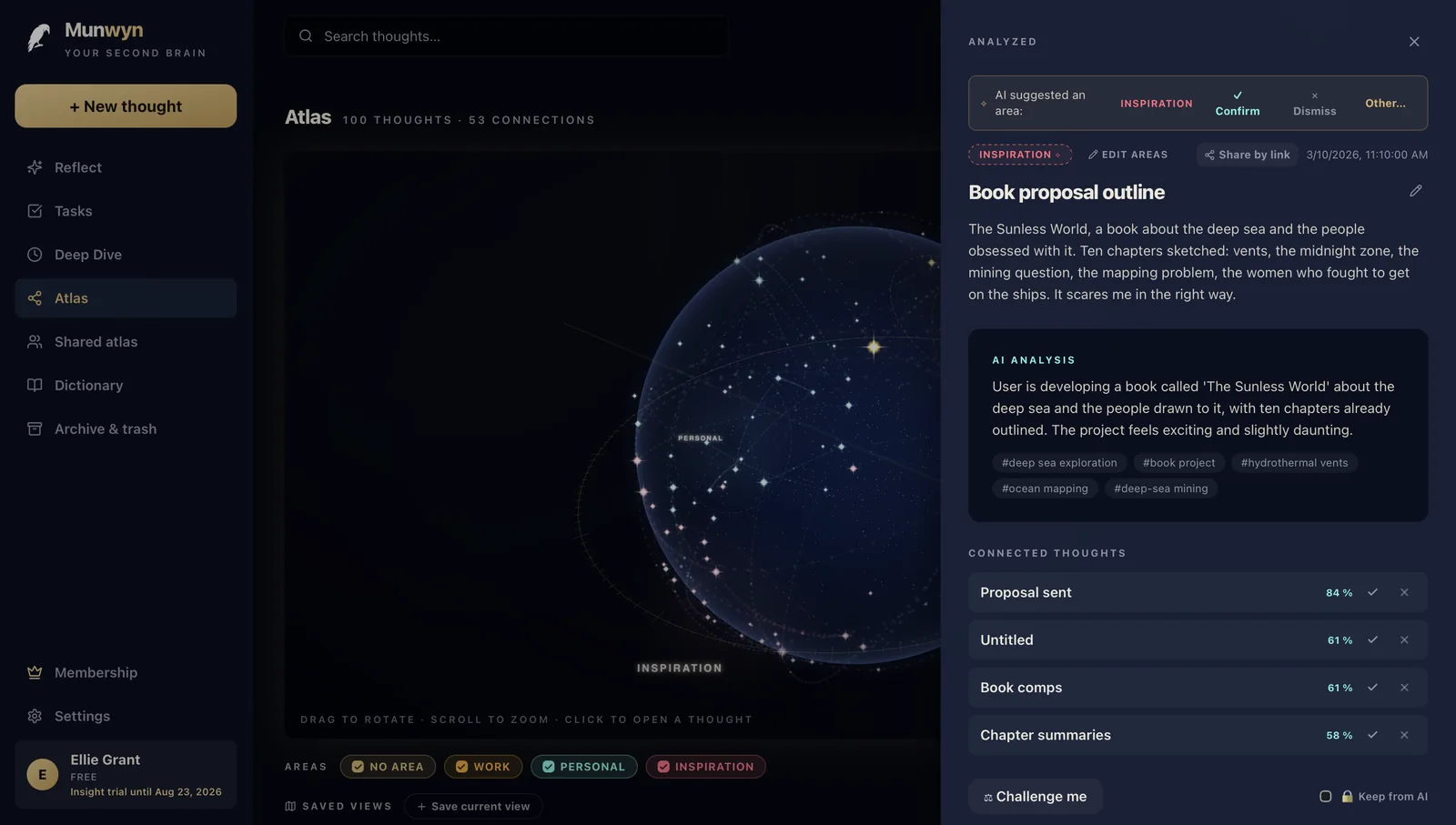 A thought detail in Munwyn — AI analysis, connected thoughts and the Keep-from-AI switch