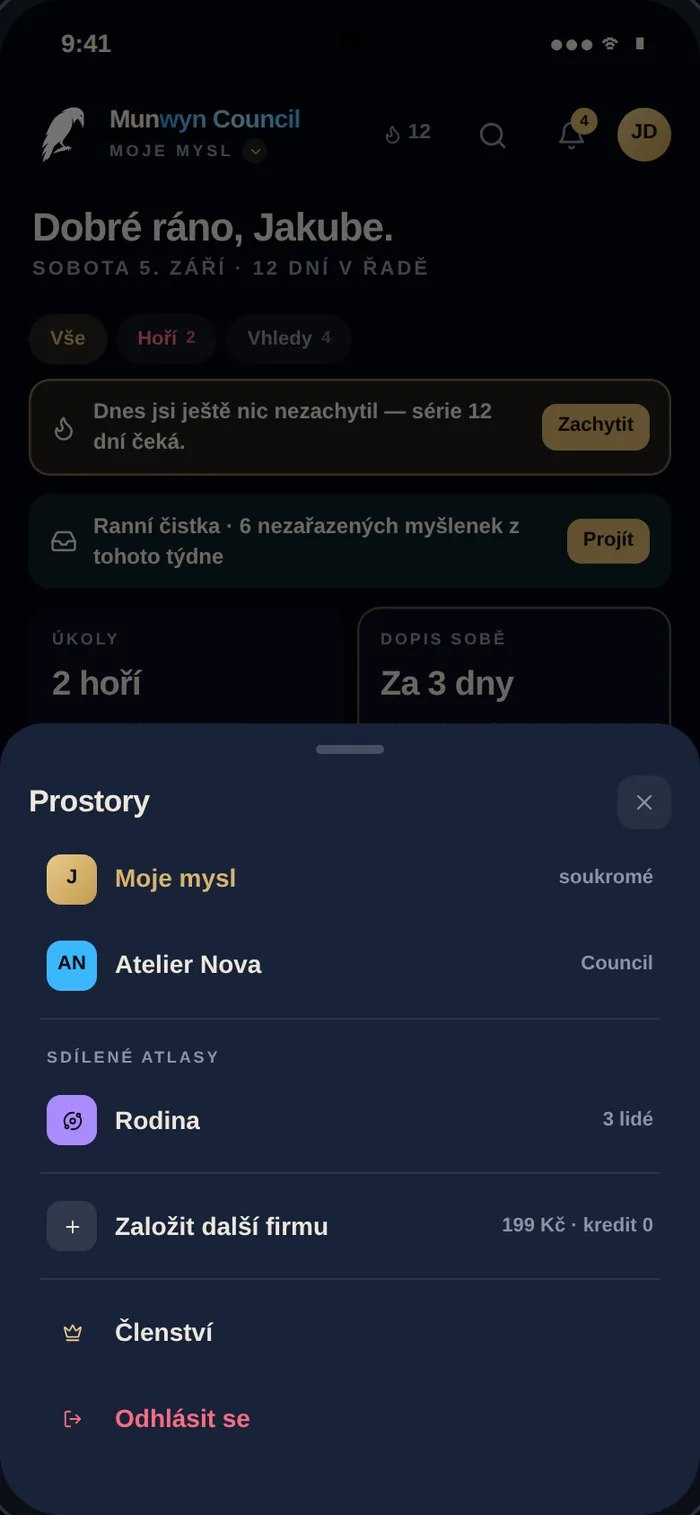 Panel Prostory na Androidu