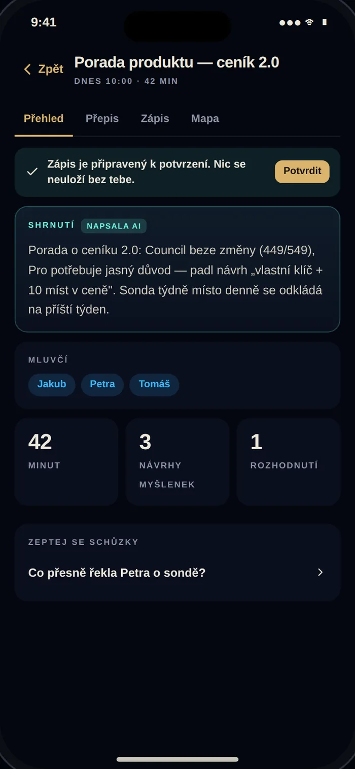 Munwyn na iOS — Přepis a shrnutí schůzky na telefonu