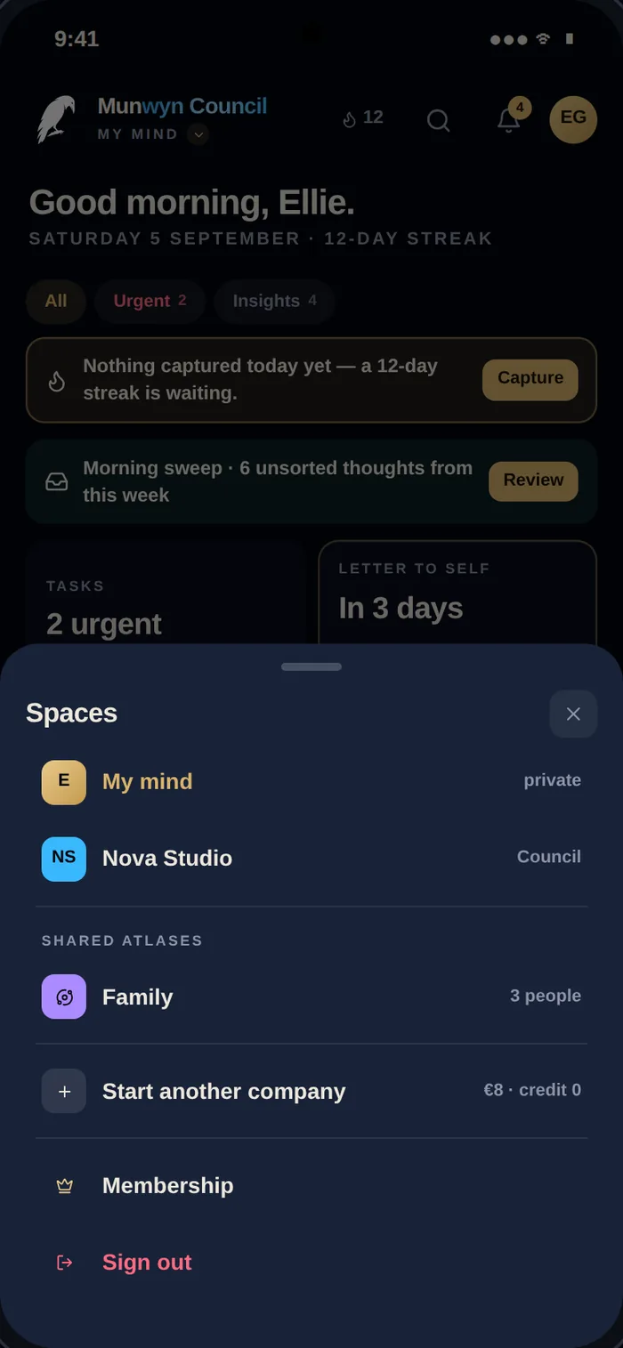 The Spaces panel on Android